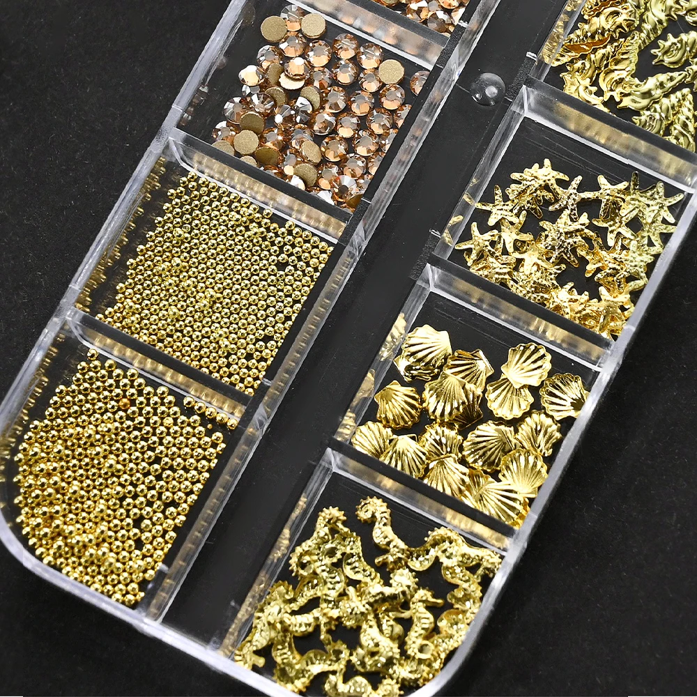 12 شبكة/صندوق ثلاثية الأبعاد سبائك الذهب حجر الراين مسمار سحر الفاخرة المحيط مختلط فرس البحر قذيفة نجم البحر حبة مسمار جوهرة مسمار الفن لتقوم بها بنفسك اكسسوارات