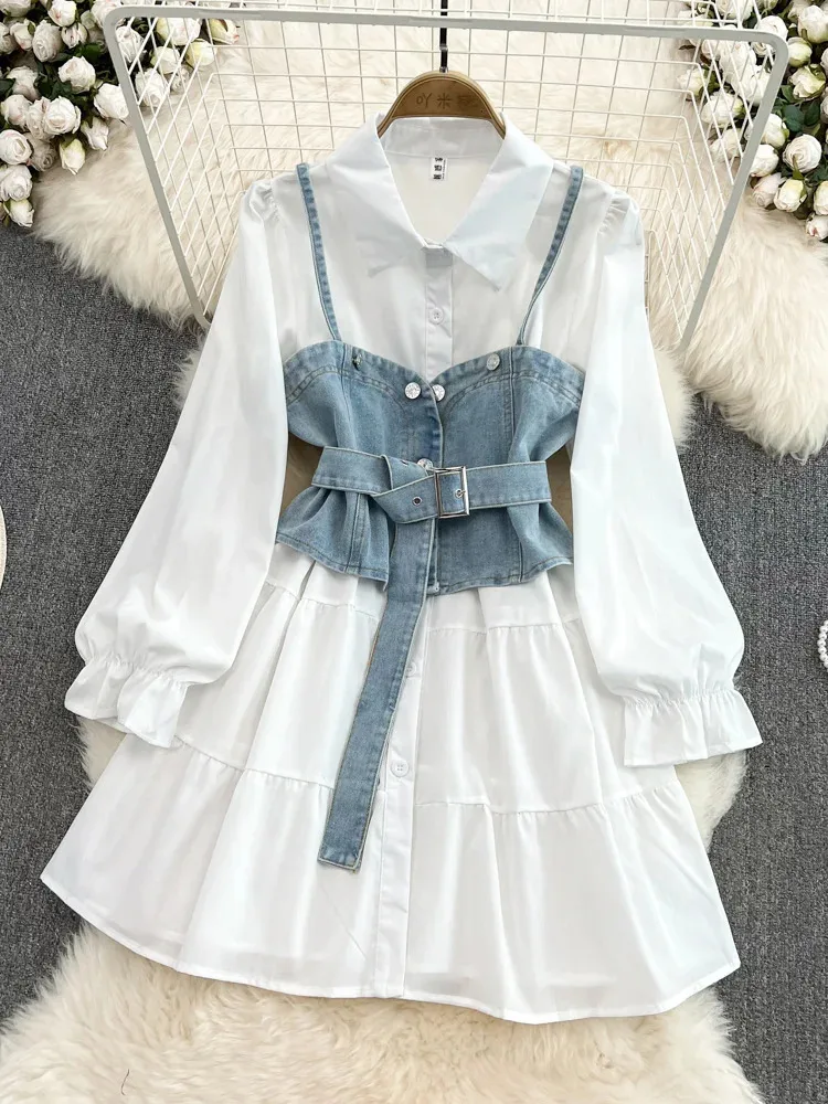 Spring Autumn Cowboy Waistcoat Female Elegant Length Sleeve White Shirt Dress Vest Women's Two-Piece Set GD785