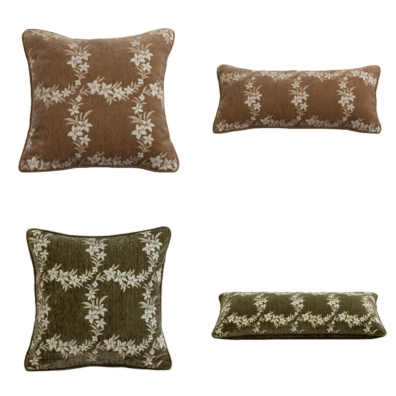 Brown Green Chenille Pillows Classical Flora Embroidery Cushion Case Luxury Decorative Pillow Cover For Sofa Chair Home Decorate