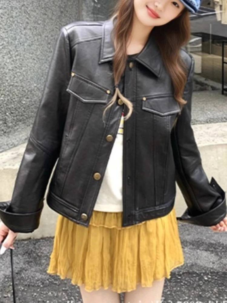 

Осенне-зимнее корейское модное повседневное мужское свободное пальто с заклепками и воротником-стойкой, новое черное кожаное короткое пальто с длинными рукавами