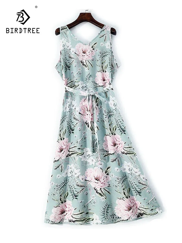 فستان سترة أنيق من BirdTree-Silk مزدوج الكريب، رقبة على شكل V وطبعة زهور برباط، فستان حفلات مزاجي للنساء، ربيع 2026 D5D560CC #1