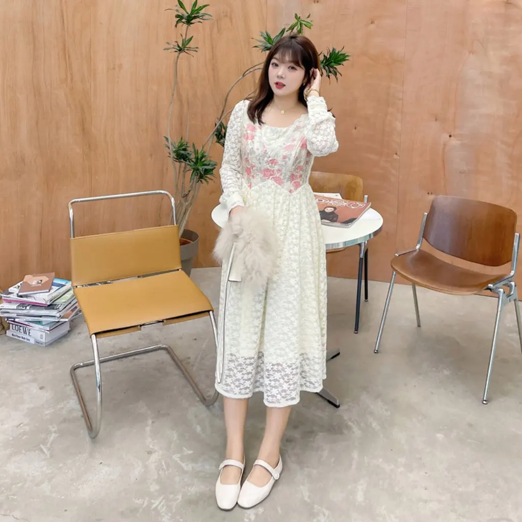 

plus Size Women's Retro Lace Skirt Dress Slightly Fat Mm Waist Big Sale 120kg Capacity K1698