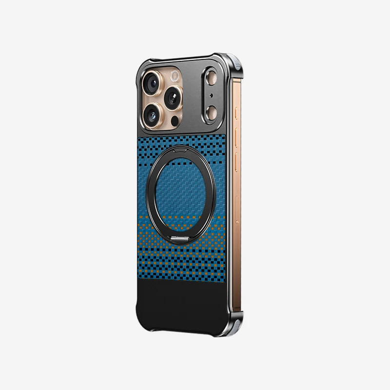 Premium 360°rotating bracket Metal+Kevlar pattern leather back cover For iPhone 17 16 15 14 13 Pro Max shockproof Phone Case
