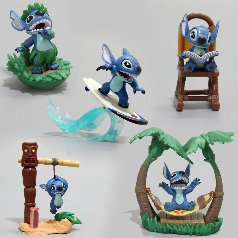 5pcs/set Cartoon Stitch Action Figures Summer Beach Surfing PVC Model Sunshine Beach Coconut Statue Kid Gift Toy