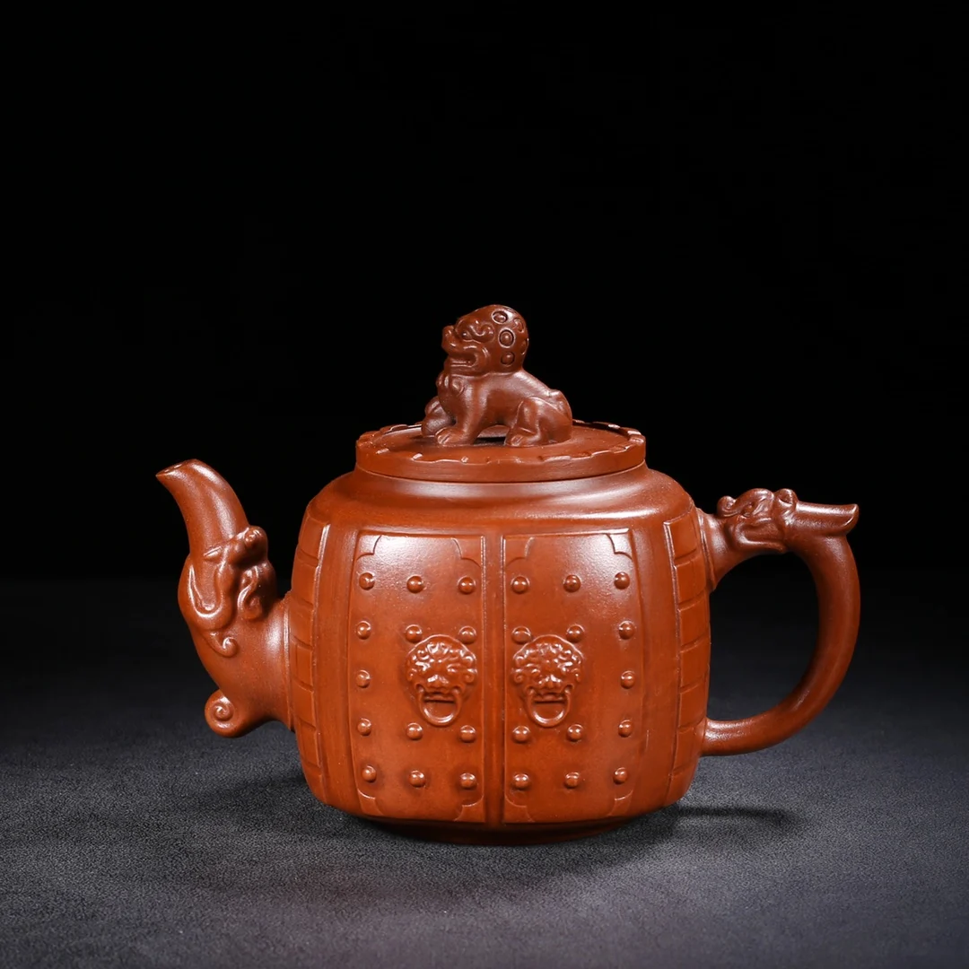 Old Chinese Handicraft Enameled YiXing Zisha (red stoneware) Teapot,Lion teapot,with mark, Free shipping