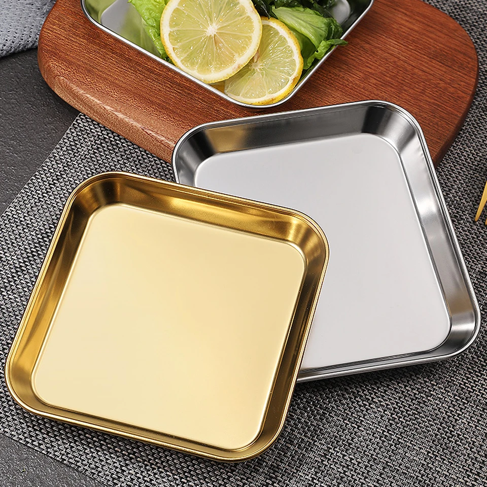 304 Stainless Steel Square Plate Golden Thick Skewers Dish Plate Restaurant Commercial Flat-bottom Korean Barbecue Tableware