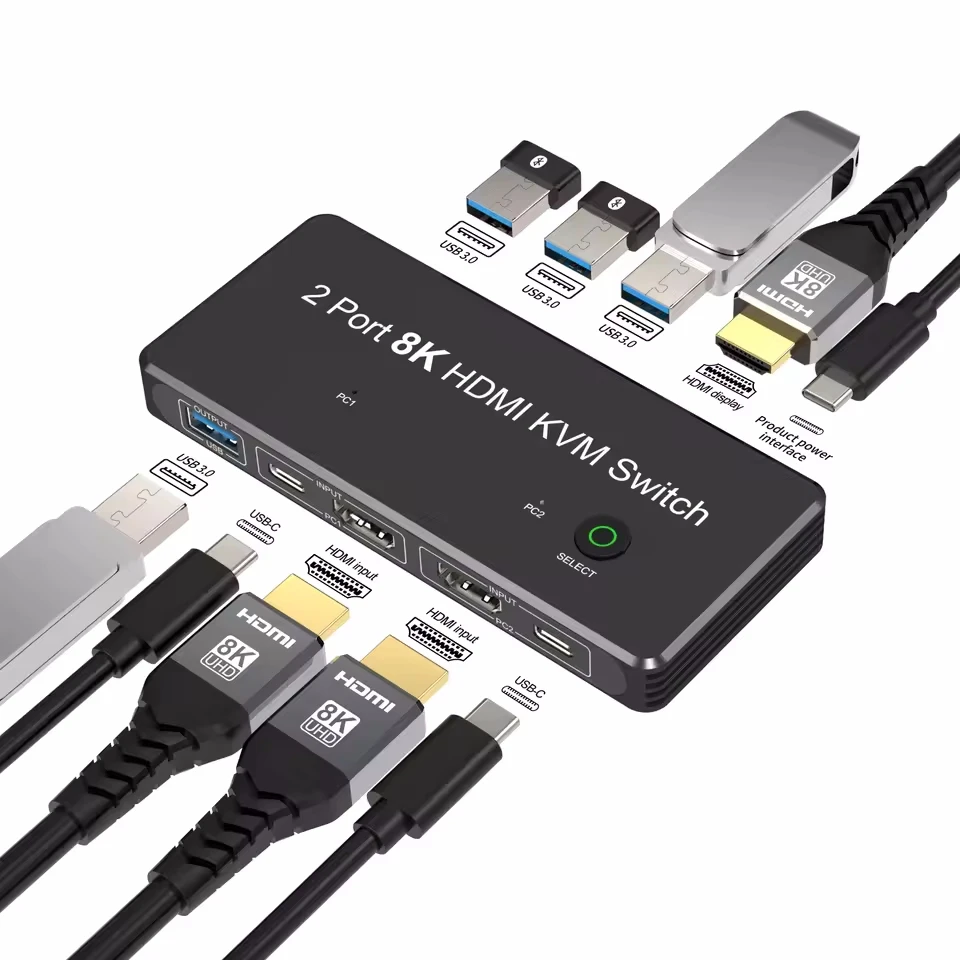 HDMI 2.1 USB KVM Switch 2 HDMI IN 1 HDMI Out Mixed Inputs HDMI 2 Port 8K 60Hz 4K 120Hz KVM Share 1 Monitor keyboard mouse For PC