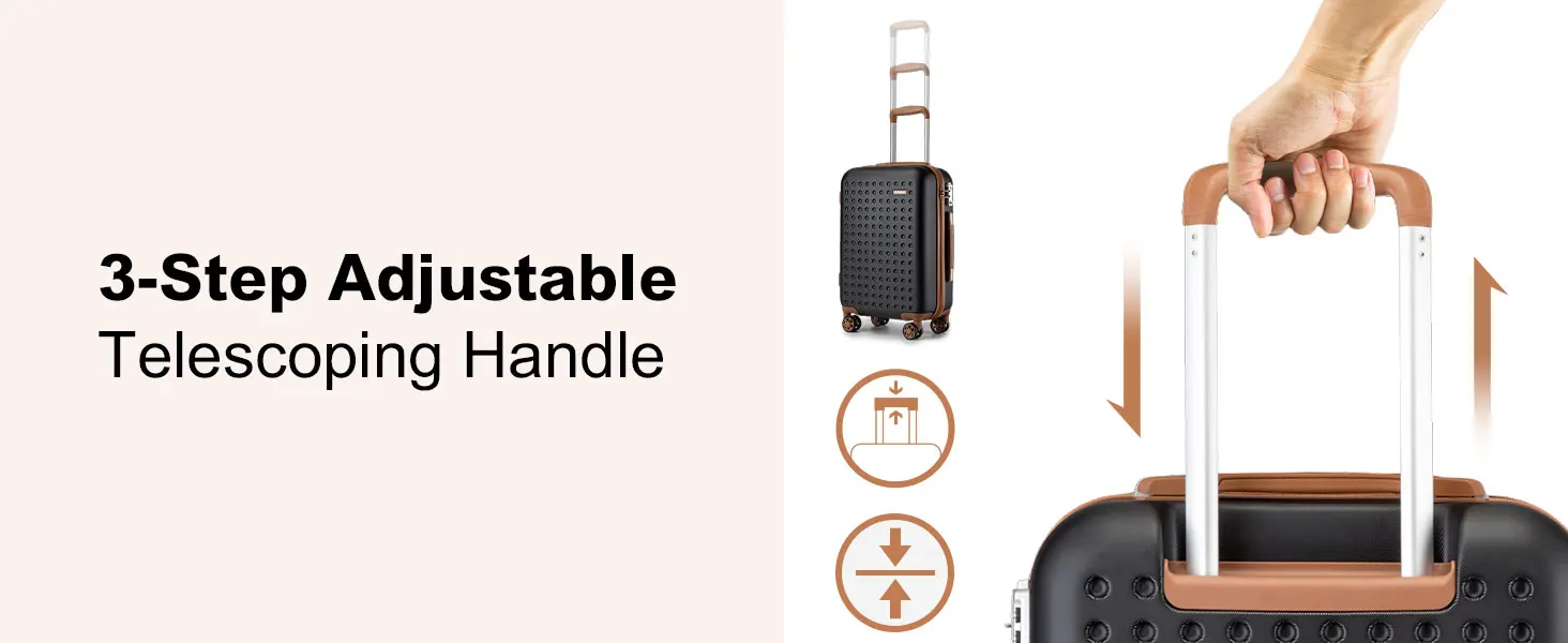 Suitcase with 3-step adjustable telescoping handle, demonstrated in extended and retracted positions.