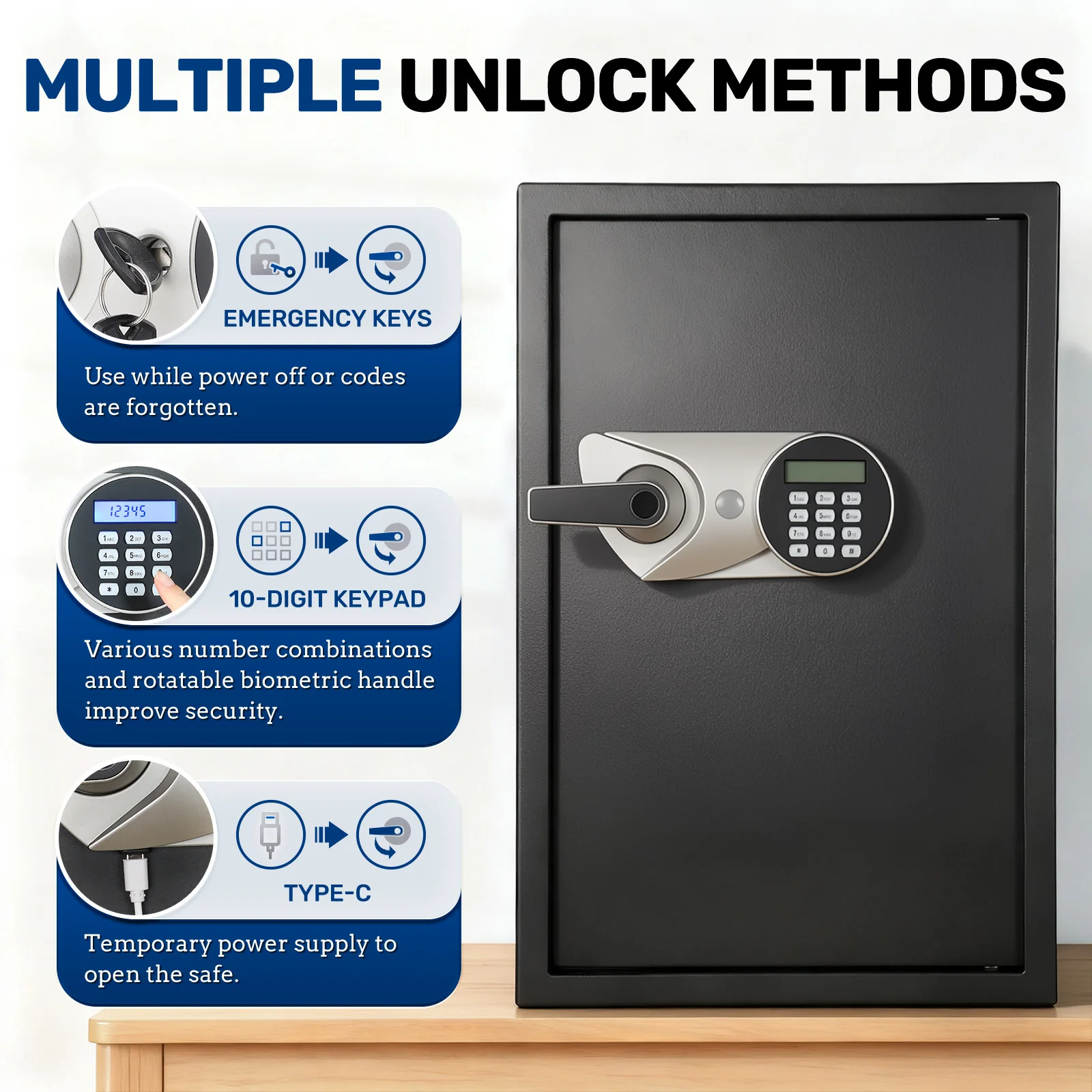 SF0606 H55 Fingerprint Safe Box Fingerprint Recognition Box With Keys, Keypad Lock, LCD Display, Dual Alarm System for Jewelry