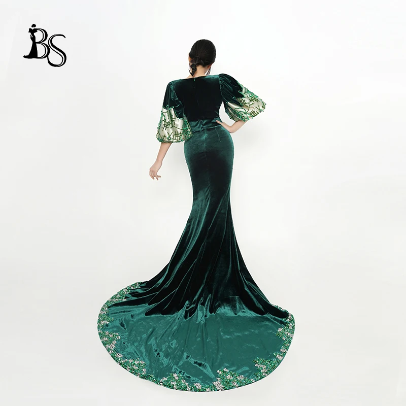 Baisha Velvet Evening Dress Custom Heavy Handmade Beaded Puff Sleeve Elegant Mermaid Long Skirt With Tail prom dresses H911