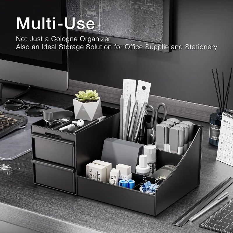 Stylish Black Cosmetic Organizer With Multiple Compartments Men'S Fragrance Organizer For Bathroom Countertops Dressing Tables