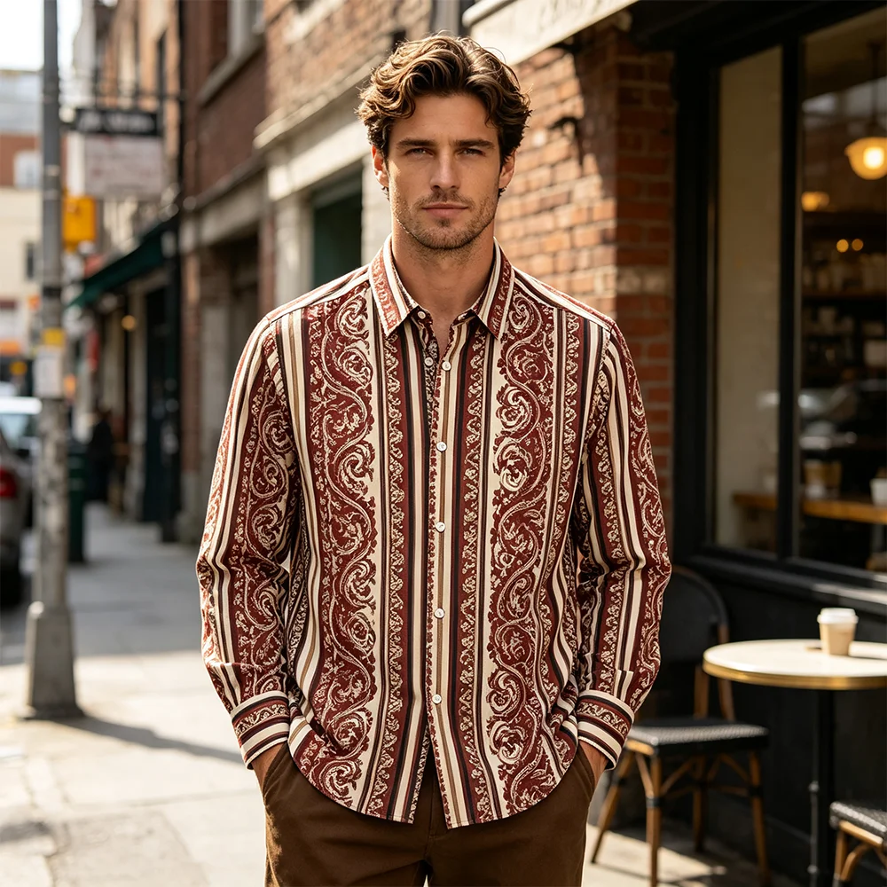 Retro Print Men's Cotton Shirt Street Fashion Botanical Pattern Button Down Shirts Autumn Daily Vacation Casual Long Sleeve Tops