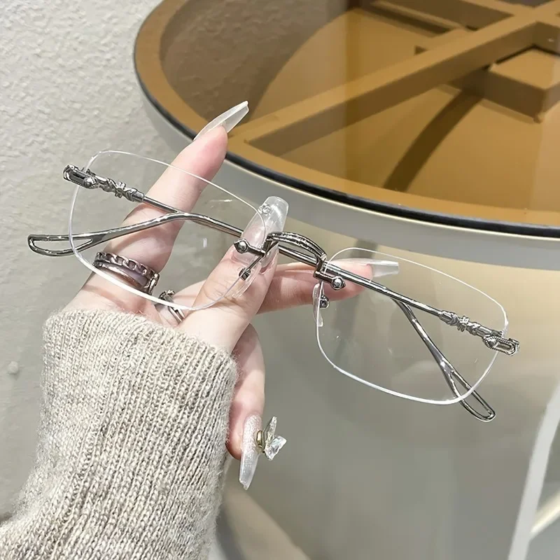Elegante randlose rechteckige Damenbrille mit blau lichtblockierendem Metallrahmen – Detail 1