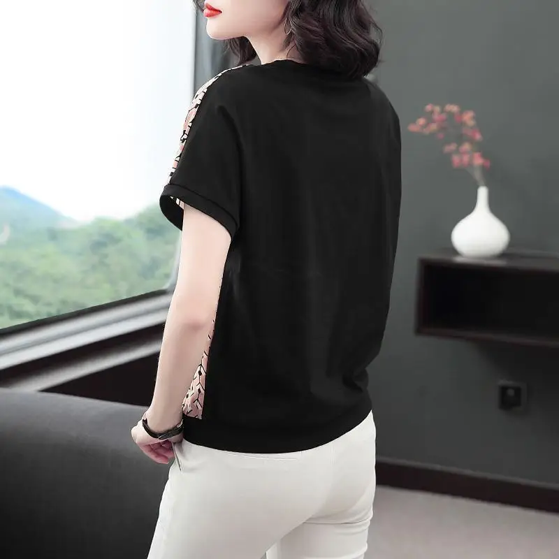 Summer Women\'s Contrast Color Crew Neck Short Sleeve Loose Plus Size Thin Korean Pullovers Fashion Casual Commute Tops