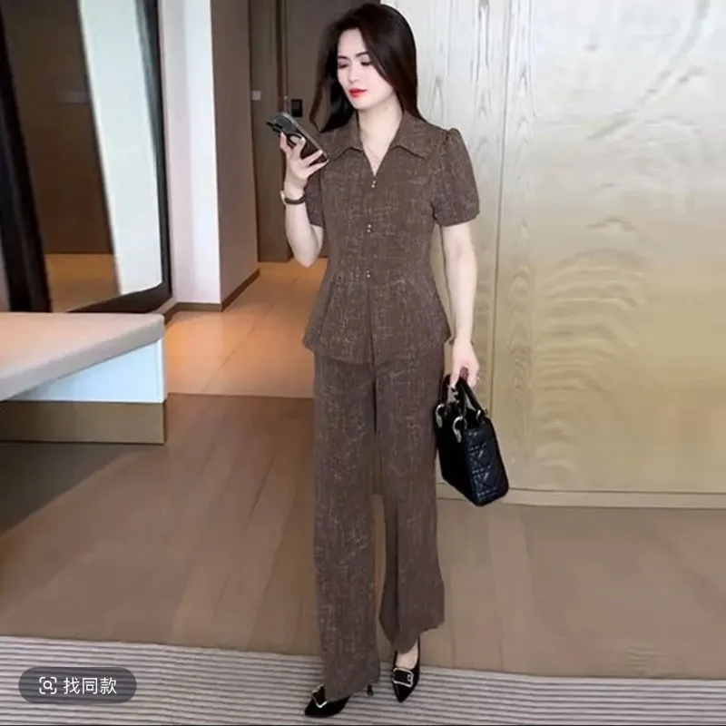 Fashion Thin Sets Women Summer New Fashionable Foreign Style Age-reducing V-neck Short-sleeved Shirt Wide-leg Pants Two Pieces