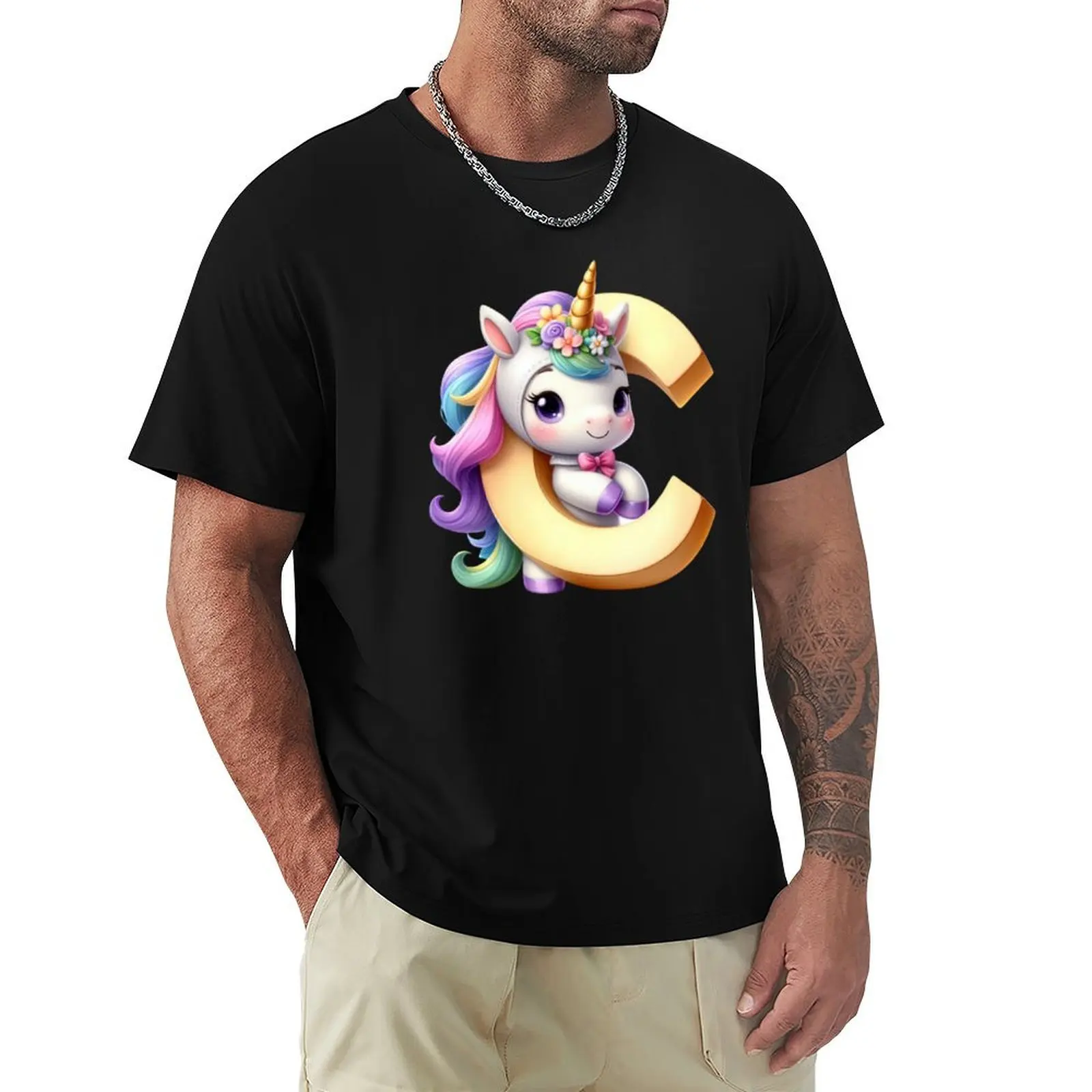 Unicorn kawaii alphabet monogram letter C T-Shirt Sporty Breathable Short Sleeve T-Shirt