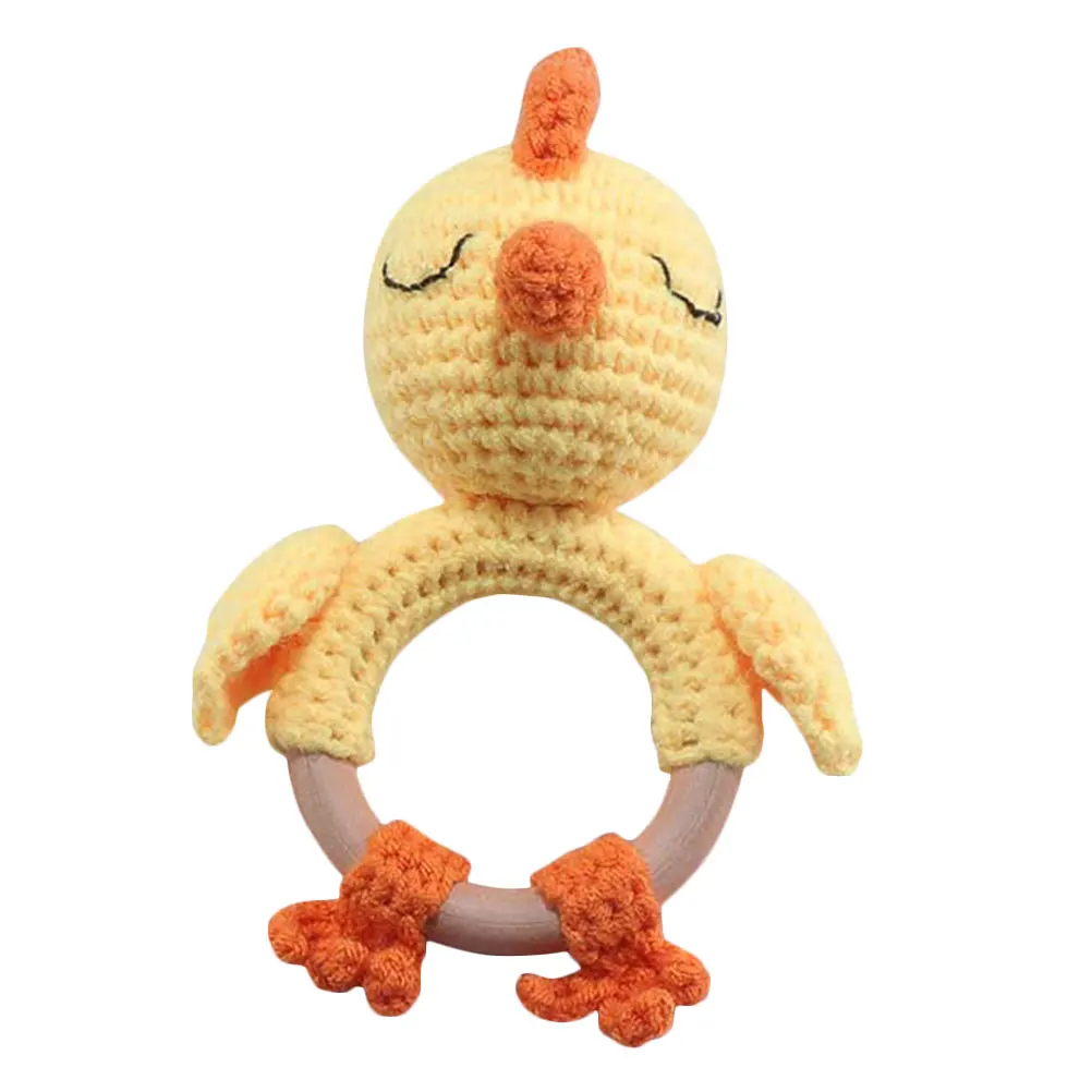 1pc Wooden Hand Baby Molar Chick Shape Creative Infant Toddler Handheld Musical Early Education Rattle Adorable Hand Knitted
