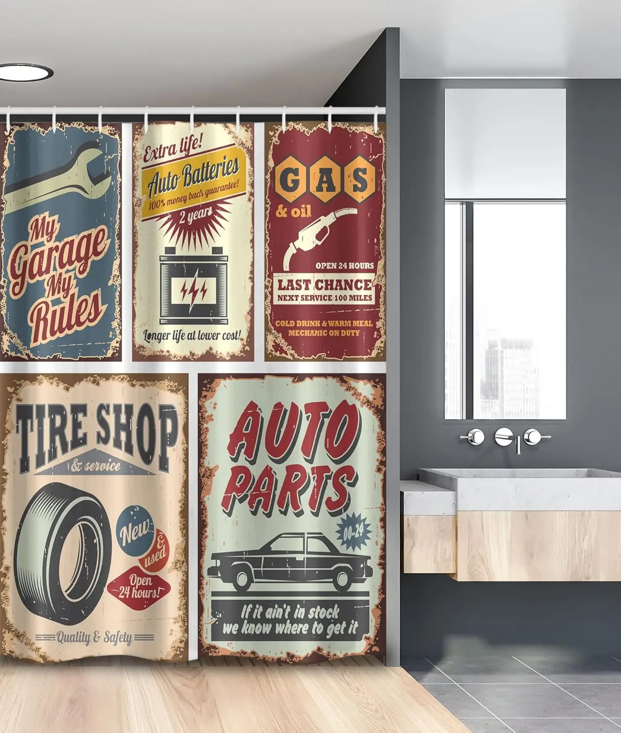 ヴィンテージ1950年代ガレージシャワーカーテン（フック付き）-–-クラシックカーの広告、自動車部品とタイヤショップの看板、レトロな自動車用バスルーム装飾