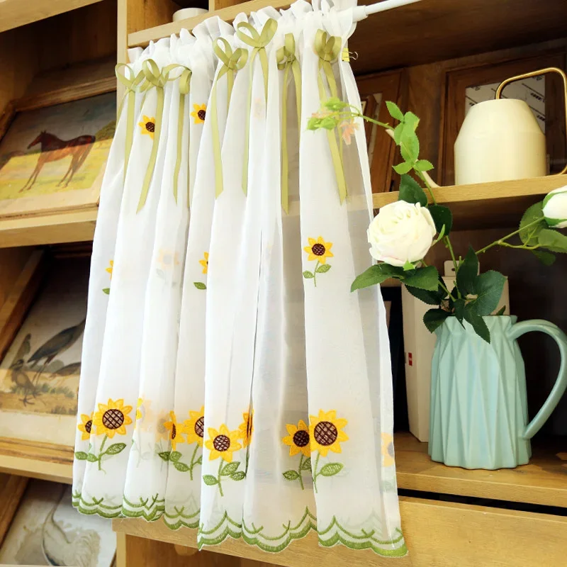 American Pastoral Style Sunflower Pattern Curtain Fabric Kitchen Door Curtains Cafe Living Room Window Kitchen Home Decoration