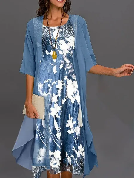 

Spring Summer Women's Clothing Elegant U Neck 3D Print Chiffon Two Piece Set For Woman Midi Skirt Suit Polyester Blend Fabric