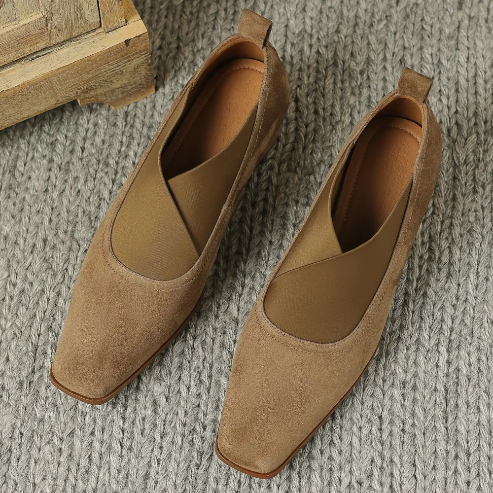 Women's natural suede leather elastic band cross strap slip-on 4cm thick low heel pumps square toe casual daily shoes larger 41