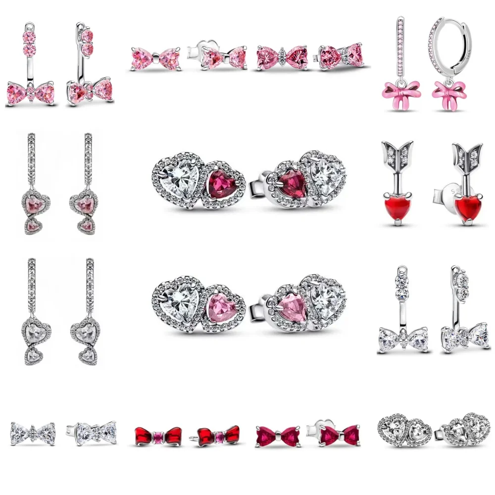 

European New 925 Silver White Pink Stone Red Bow Stud Earrings, Fit Women's Festival Exquisite Charm Jewelry Gifts