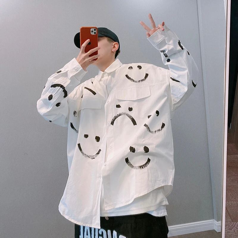 Punk Loser Men Blouse Funny Face Print Shirts Male Spring Autumn High Streetwear Plus Size Tops Dance Club Kpop Ins Tops