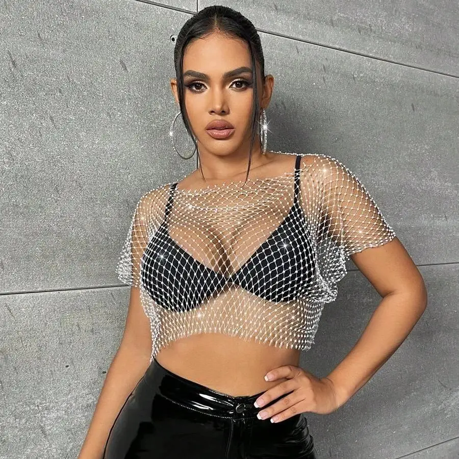 Y2k Shiny Rhinestone Fishnet Plaid T Shirt For Women Sexy Hollow Out See Through Bikini Cover Up Rave Festival Party Tees Tops