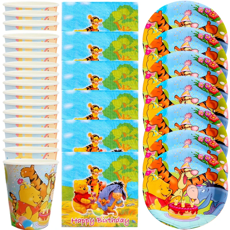 

60pcs/lot Winnie The Pooh Theme Kids Favors Cups Dishes Happy Birthday Party Baby Shower Plates Decorate Napkins Tableware Set