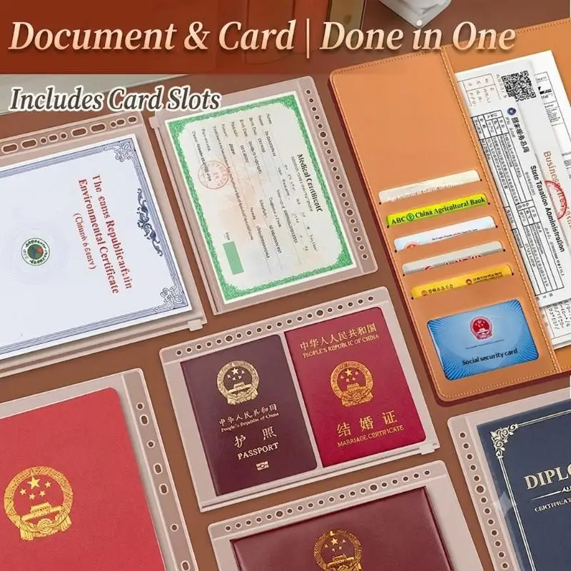 PU Leather Document Storage Organizer Multiple Clear Pockets Large Capacity For Storing Passports Certificates ID Cards At Home