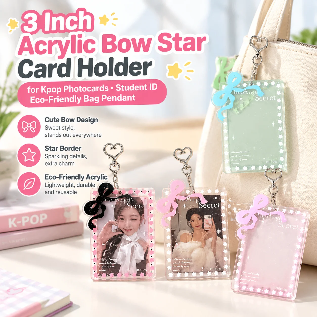 3 Inch Acrylic Bow Star Card Holder for Kpop Photocards Student ID Eco-Friendly Bag Pendant