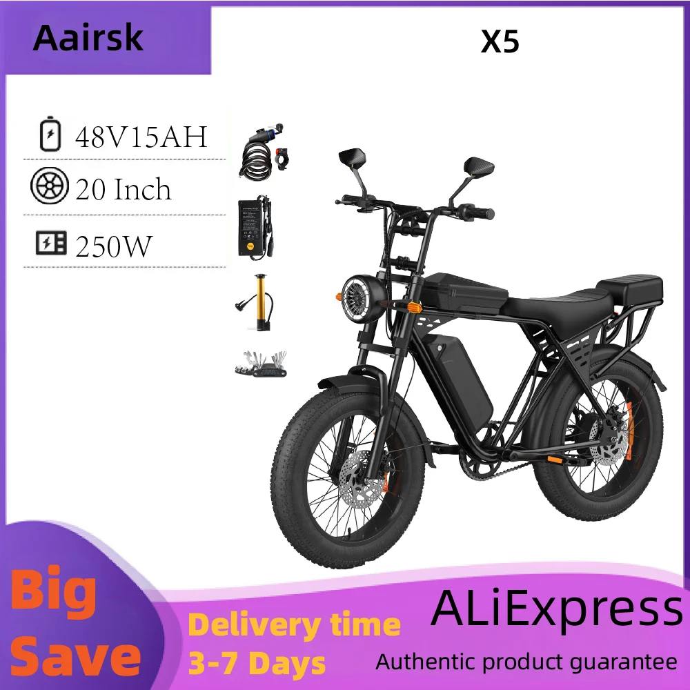 Adult Electric Bicycle Airsk X5 250W Motor 20 Inch Fat Tire E-Mountain Bike 48V 15Ah Battery E-Bike