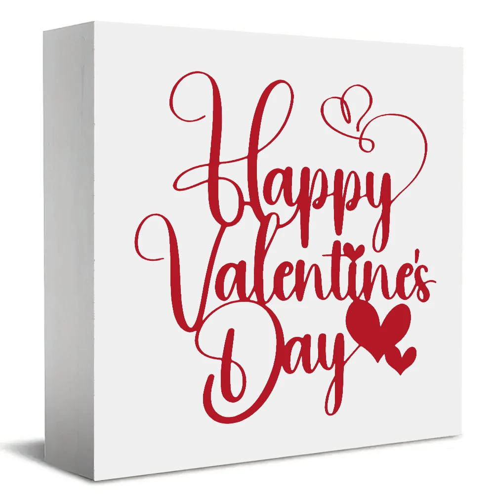 1pc Rustic Farmhouse Valentine's Day Wooden Box Sign - Red & White Cursive Heart Decor with 