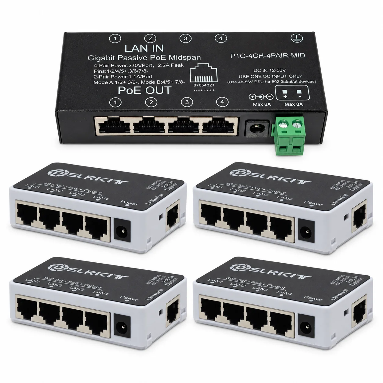 Gigabit PoE Kit 4-Port 4-Pair Passive Injector + 4x 5-Port Passthrough Switches