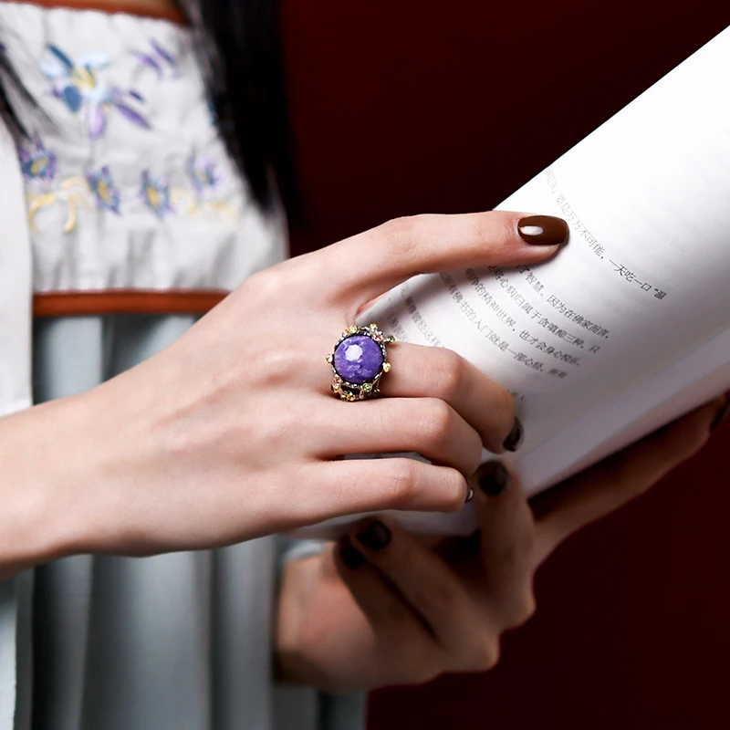 JICAI argento 925 anello da donna gioielli in pietra naturale Charoite rotondo italiano artigianale zircone colore anello da dito Lady