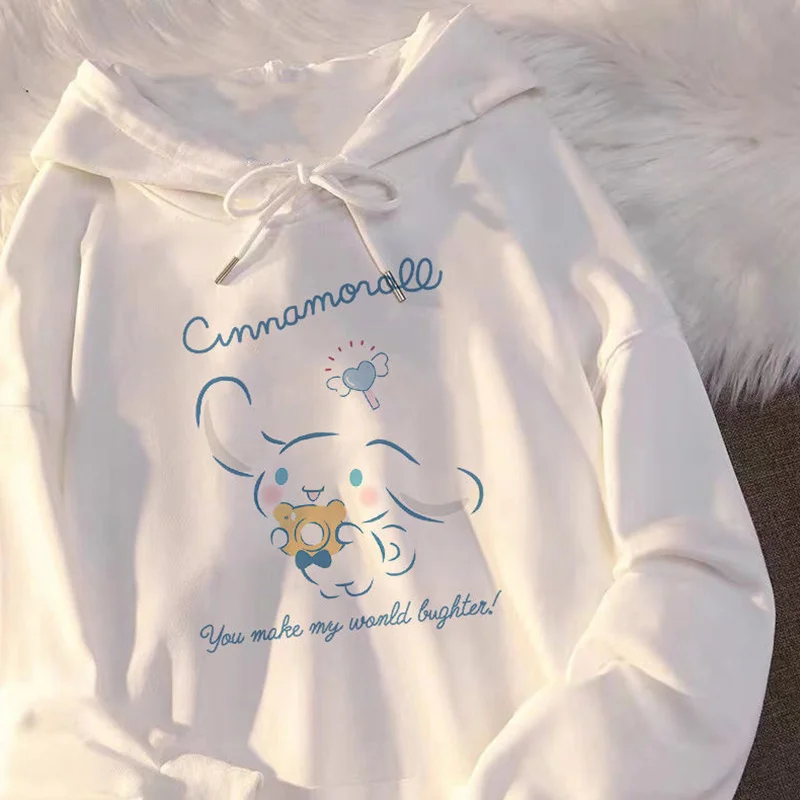 Sanrio Cinnamoroll Spring New Cartoon White Thin Hooded Sweater Female Korean Harajuku Hooded Top Long Sleeve Fashion Y2k Hoodie