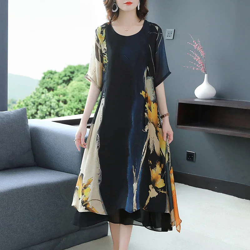 Long Skirt 2023 Summer Loose Everything Temperament Women Rich Lady Too Fashionable Loose Show Thin Print Long Dress Commuting