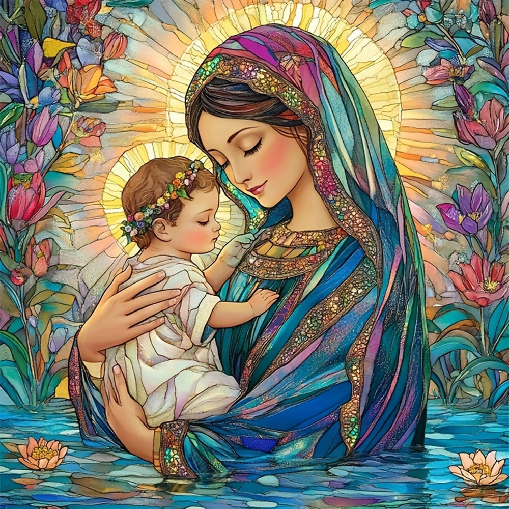 ภาพปักเพชร DIY เอเวอร์ไชน์ รูปพระแม่มารี 5D ปักเต็มผืน งานปักคริสเตียน ภาพโมเสก ศาสนา ภาพเหมือน ของตกแต่งบ้าน ของขวัญ