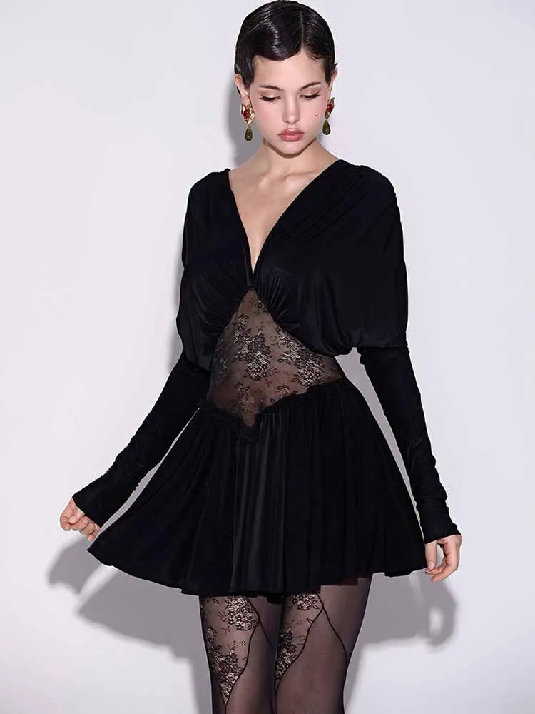 BKQU pure dentelle Patchwork Sexy Mini robe femme moulante col en v froncé à manches longues minuit anniversaire élégant robe de soirée robes