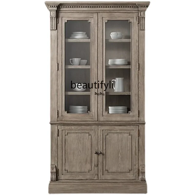 

xx1American-Style Solid Wood Bookcase Glass Door Display Cabinet Retro Double Door Cooler Dustproof Sideboard Cabinet Customiza