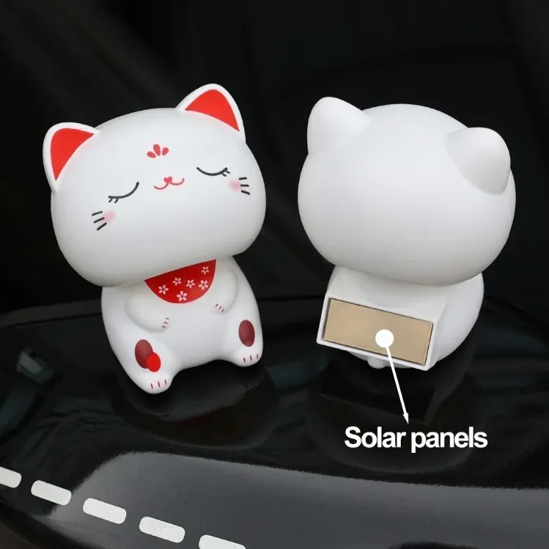 Solar Lucky Cat Car Ornaments Car Dashboard Center Console Cute Fortune Cat Nodding Ornament Car Interior Decoration Accessories