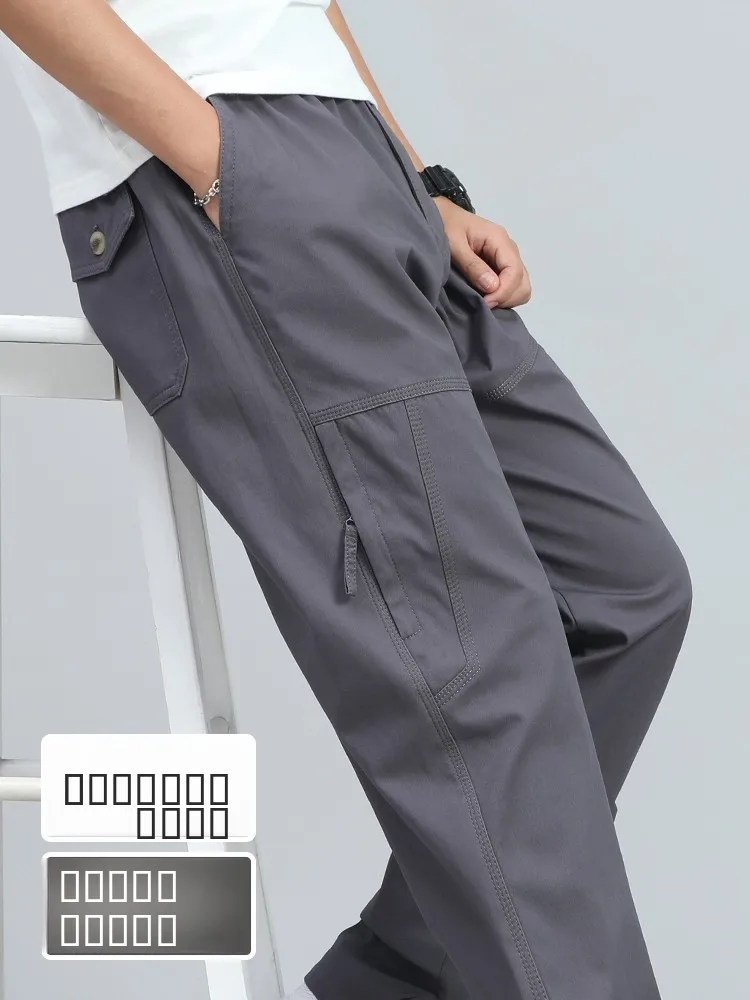

Spring Autumn Pure Cotton Multi-ket Work Pants Men Loose Straight Casual Thin Sport Long Trousers Large Size Khaki Color