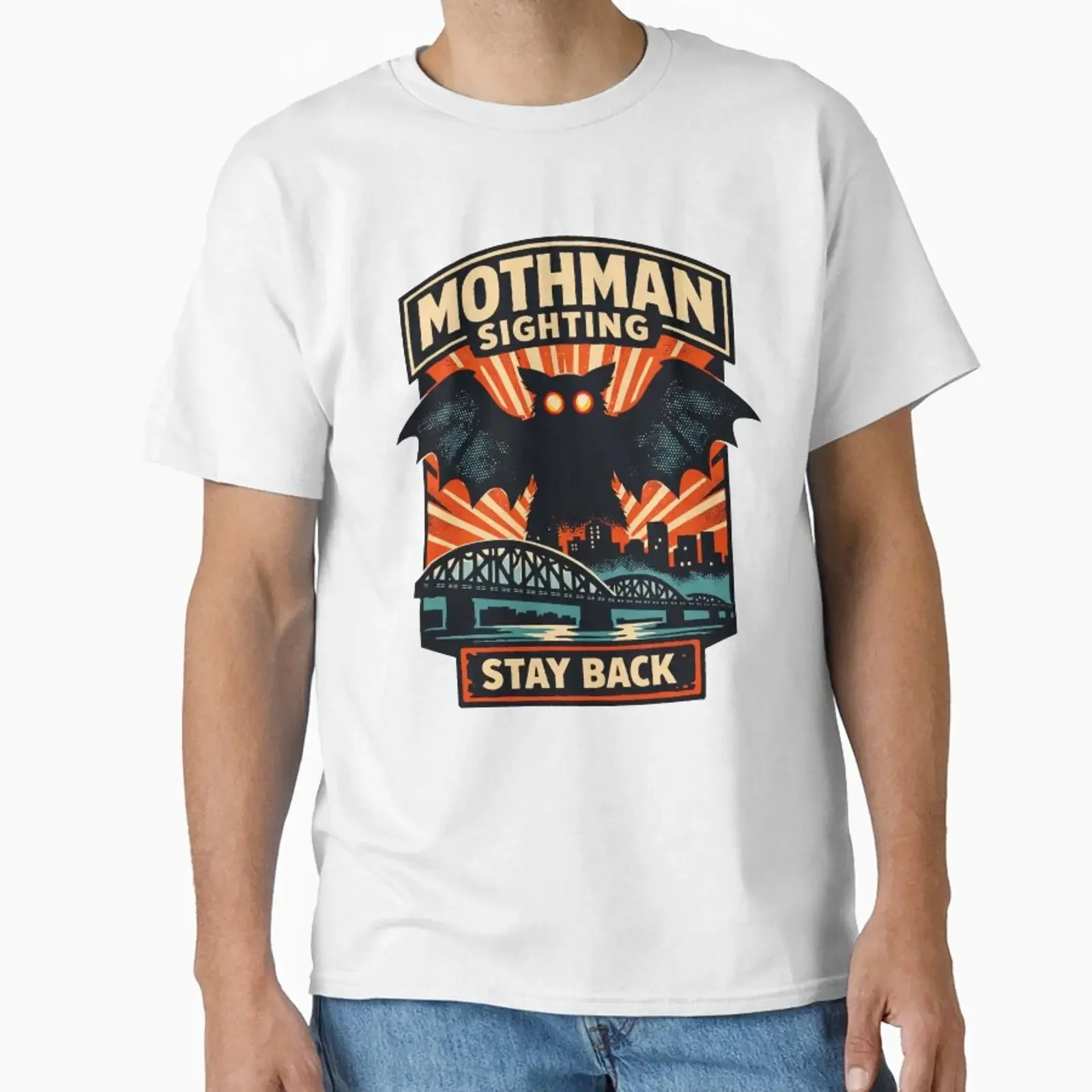 Mothman Sighting Stay Back designed and sold by PrintSmithArt vintage Washed Stylish streetwear homme Versatile Breathable