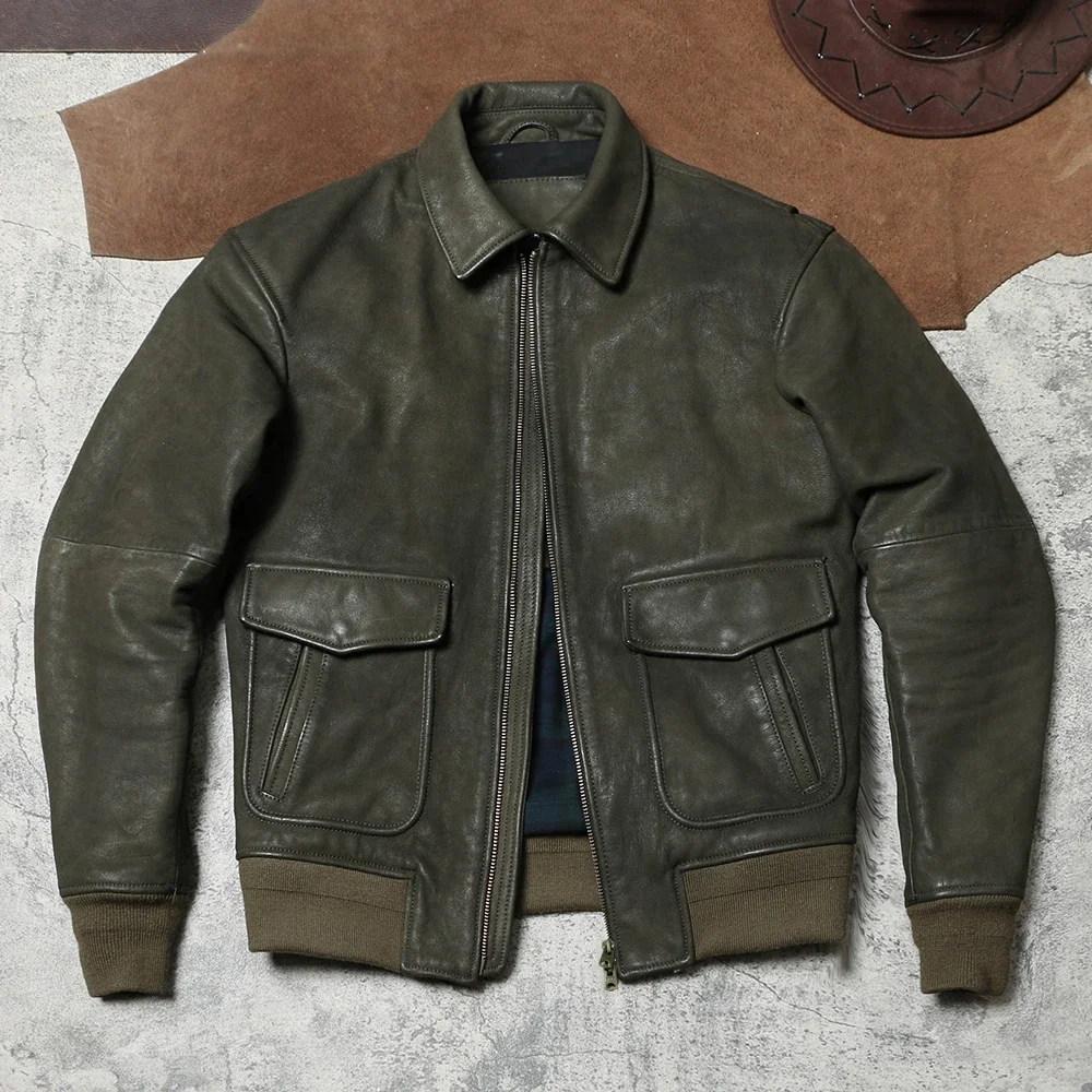 American Retro A2 Shoulder Leather Jacket with Heavy-duty Wax Dyed Goat Skin Lapel Jacket, Autumn and Winter Genuine