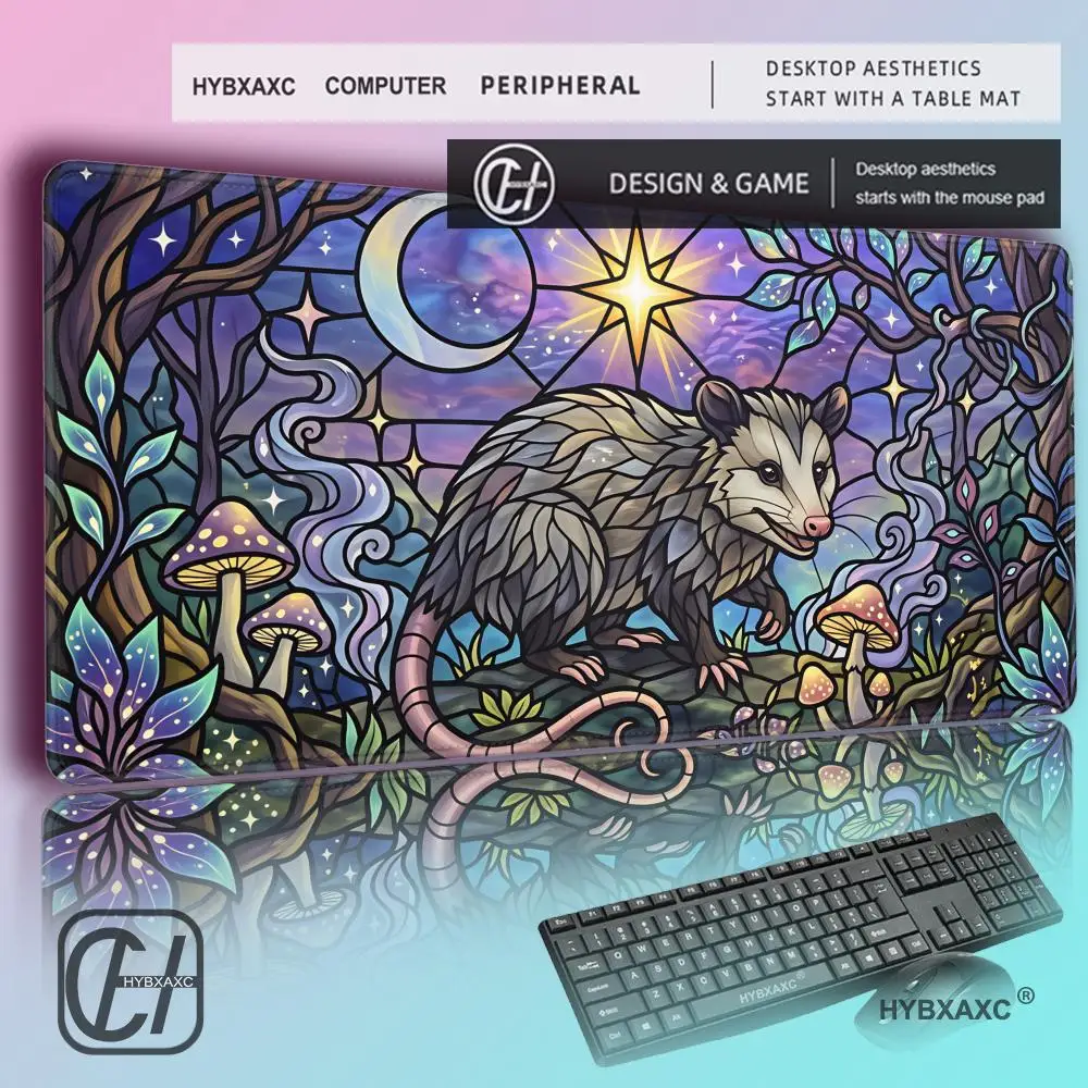 HYBXAXC Ästhetisches Mauspad mit Motiv aus Buntglas, Opossum, großes Gaming-Schreibtischpad, rutschfestes Computerzubehör