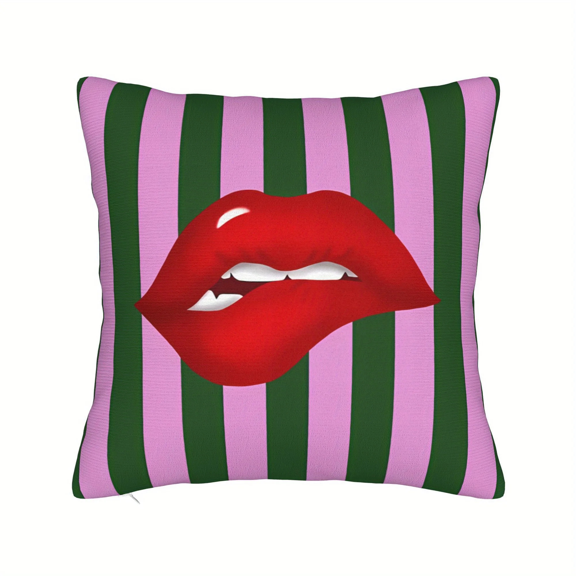 Red Lips Pillow Cover Pop Art Stripe Design Decorative Cushion Case – 18x18 Inch, Zippered Machine Washable for Living Room