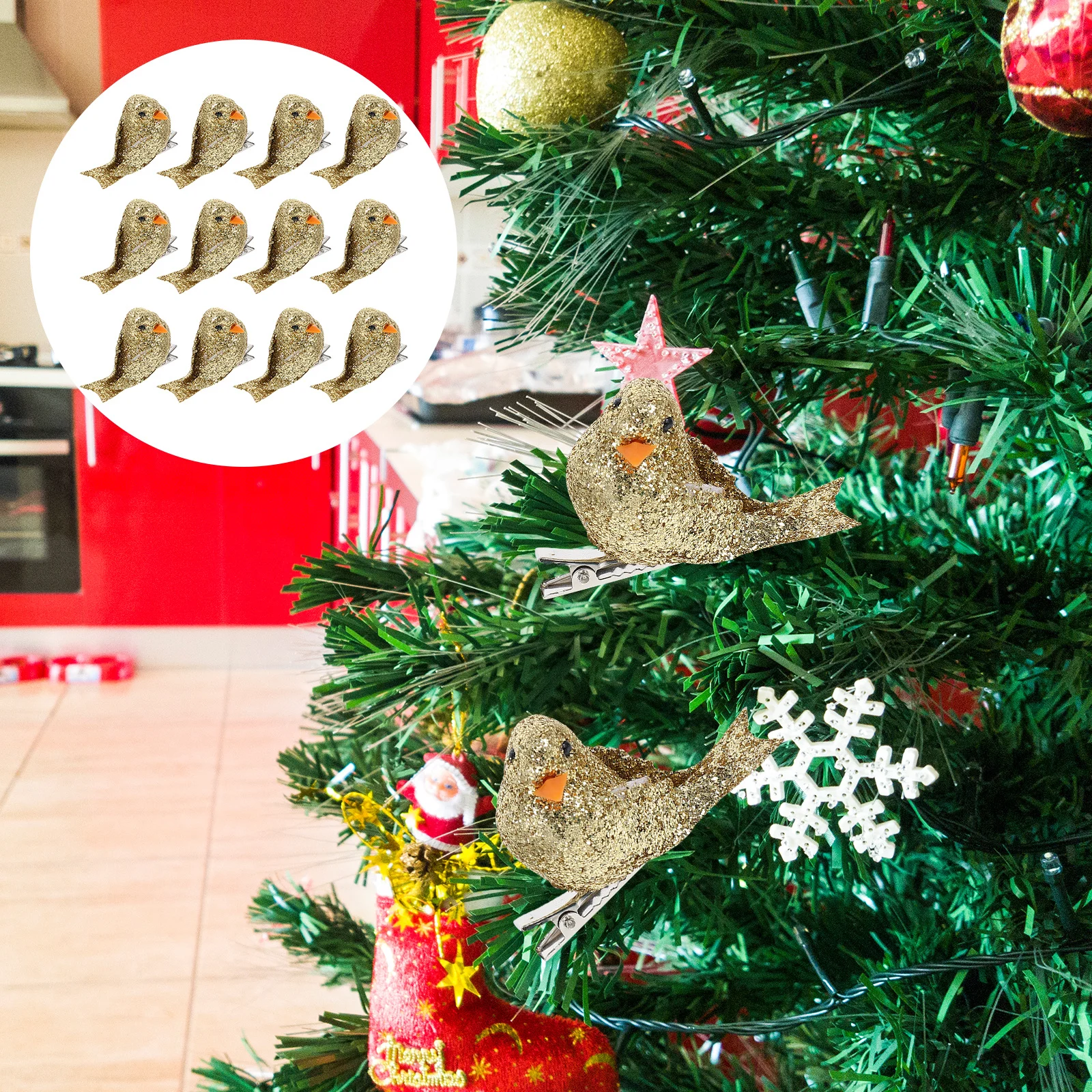 

12Pcs Lovely Christmas Birds Adornment Unique Decor Effect Comfortable Touch Suitable for Wreath Xmas Tree Decoration