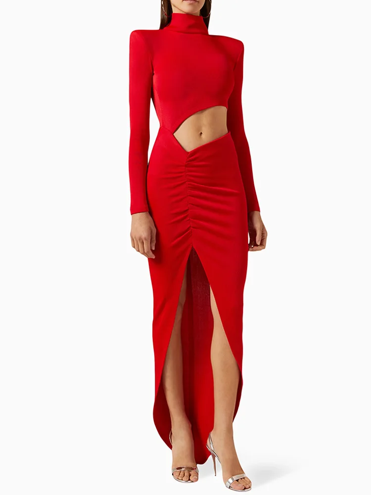 فساتين CNYISHE المجوفة ذات الياقة العالية وأكمام طويلة للنساء، ملابس أنيقة للحفلات المسائية، أزياء نحيفة ومثيرة للنوادي