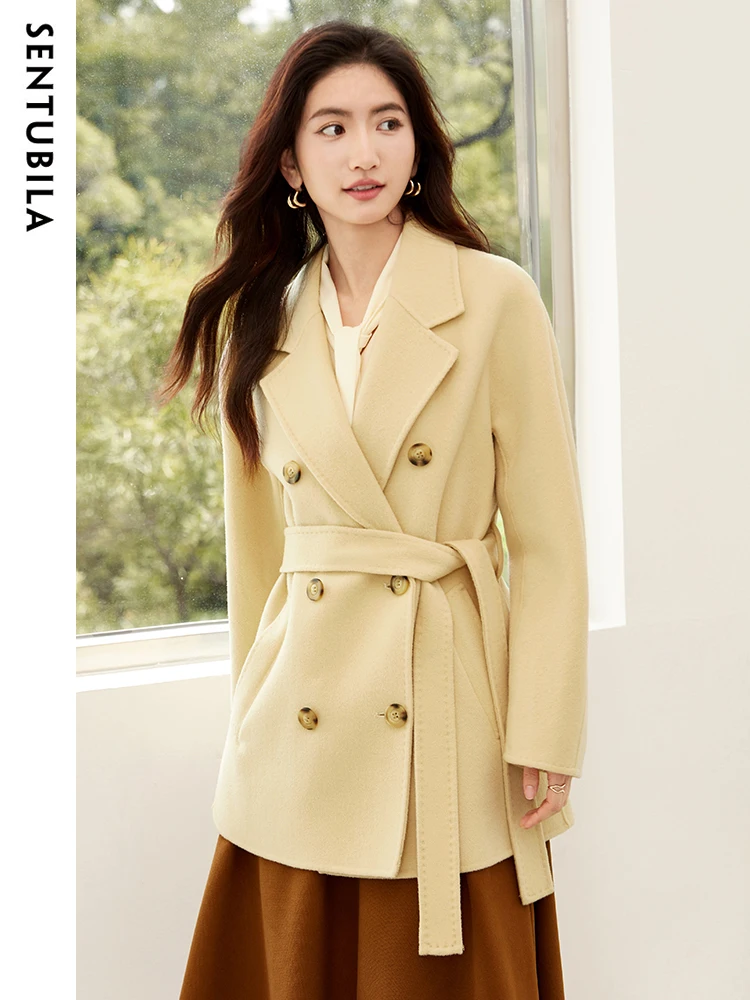 

SENTUBILA 100% Wool Gentle Woolen Coat Winter for Women 2023 Mid Length Loose Double Faced Warm Wool Jacket With Belt W34O49255