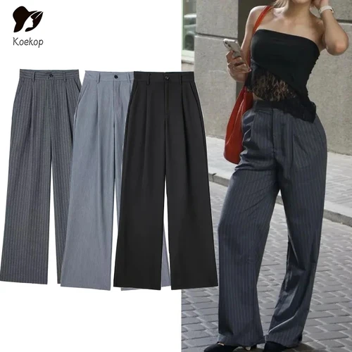 Koekop, pantalones de traje holgados de cintura alta para mujer, pantalones de pierna ancha, pantalones formales para mujer, ropa de oficina, pantalones negros grises a rayas para mujer